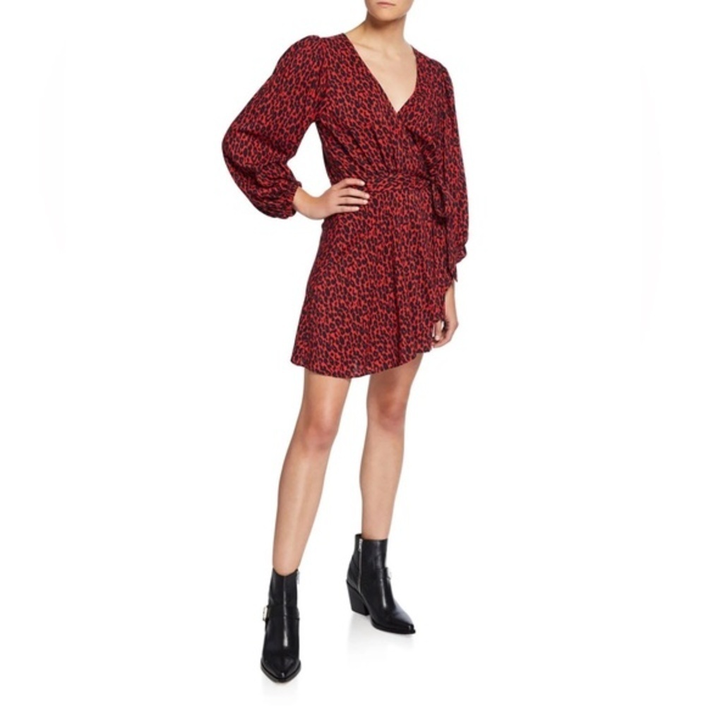 NWT IRO Women’s FR 40 L Red Animal Print Boina Wrap Mini Dress US 8 Long Sleeve - Picture 4 of 16